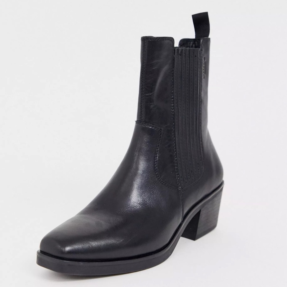 Vagabond Simone Black Leather Western Mid-calf Heeled Boots Square Toe  Size 5.5